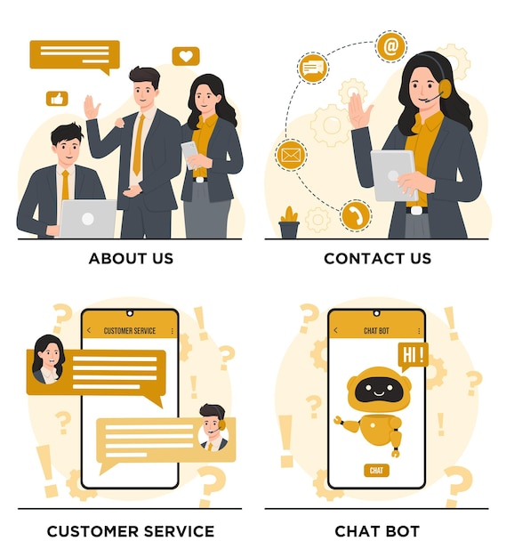 Callcenter en klantenservice concept chatbot Plat ontwerp vector illustratie set