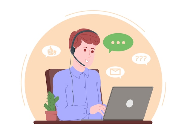 Callcenter, klantenservice, ondersteuning en hulp bestemmingspagina. hotline man operator met headsets en laptop. concept van telemarketing en overleg. cartoon vectorillustratie.