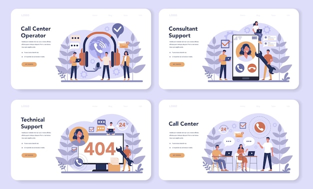 Callcenter of technische ondersteuning webbanner of bestemmingspagina-set. idee van klantenservice. ondersteun klanten en help hen bij problemen. de klant voorzien van waardevolle informatie.