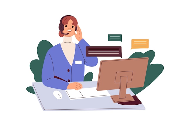 Callcenteroperator werkt aan de computer Vrouw in een headset bij de klantenservice Online assistent-consultant in een headset Platte grafische vectorillustratie geïsoleerd op witte achtergrond