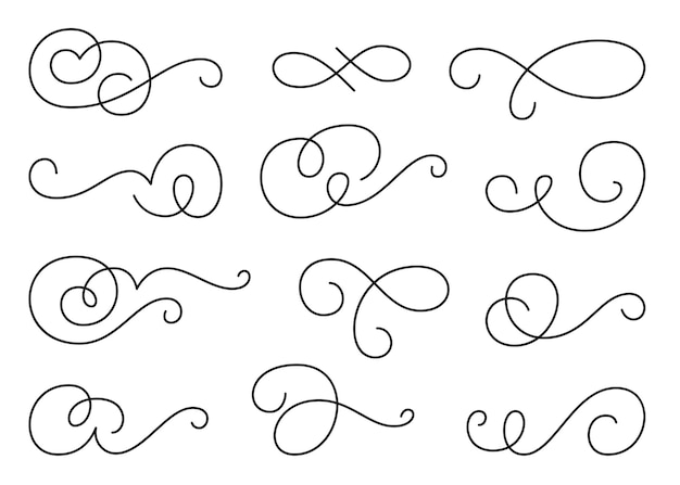 Vector calligraphic design element set swirl twirl ornament decorative curls swirls flourishes divider swashes and filigree line ornaments for menu certificate diploma wedding card invatation