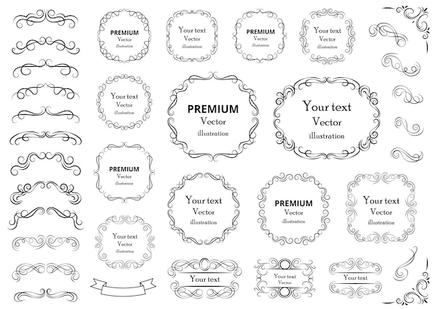 Вектор Элементы каллиграфического дизайна декоративные завитки или свитки, винтажные рамки, расцветающие этикетки