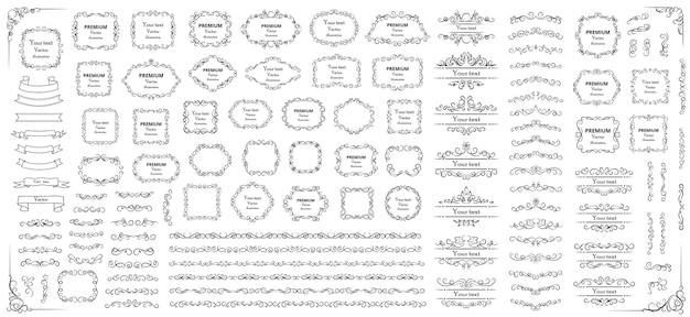 Вектор Элементы каллиграфического дизайна декоративные завитки или свитки, винтажные рамки, расцветающие этикетки