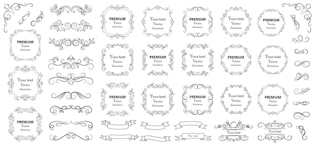 Вектор Элементы каллиграфического дизайна декоративные завитки или свитки, винтажные рамки, расцветающие этикетки