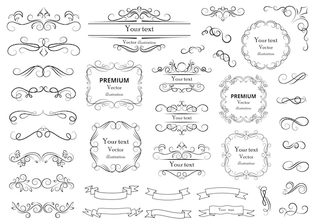 Elementi di design calligrafici vortici decorativi o pergamene cornici vintage fioriscono etichette e divisori illustrazione vettoriale retrò