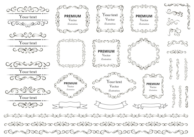 Vettore elementi di design calligrafici vortici decorativi o pergamene cornici vintage fioriscono etichette