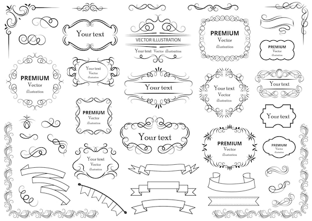 Calligraphic design elements Decorative swirls or scrolls vintage frames flourishes labels