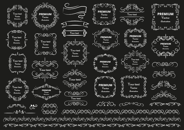 Элементы каллиграфического дизайна Декоративные завитки или свитки, винтажные рамки, расцветающие этикетки