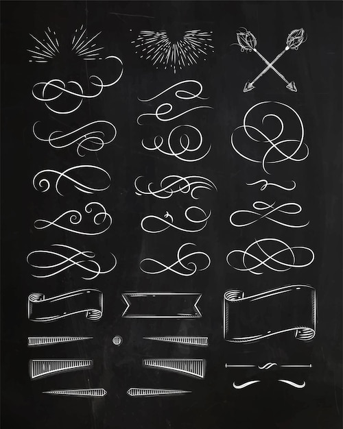 黒板の背景にチョークで描くビンテージグラフィックスタイルの書道の要素