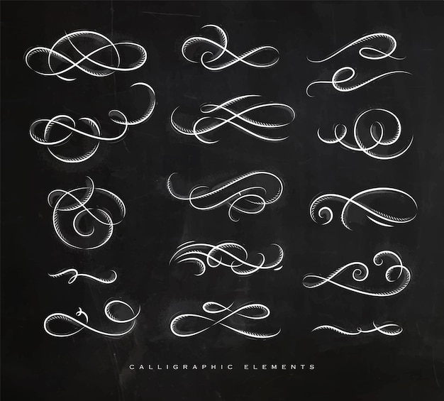 Vector calligraphic elements in vintage style drawing with chalk on chalkboard background