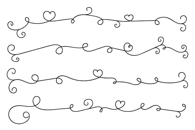 Calligraphic heart fancy line flourishes swirls hearts separator curve valentines day divider