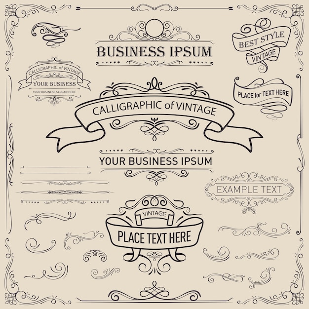 Vector calligraphic and ribbon banner design elements