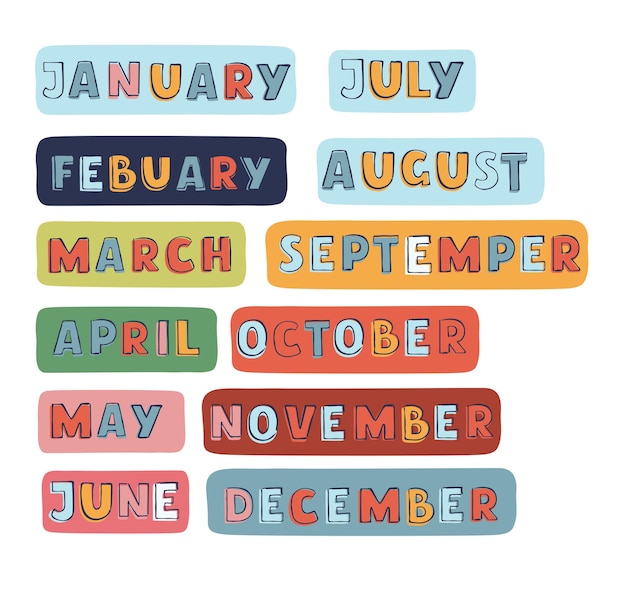 Vector calligraphic set of quote hello months of the year brush handwritten months of the year hand letteri...