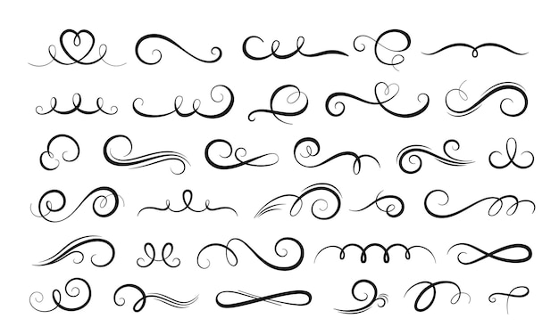 Vector calligraphic swirls dividers and outline swashes borders ornament filigree swirled lines hand design rustic flourish decorations racy vector set