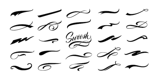 Vector calligraphic swoosh decoration swish symbols retro underline swooshes tails and athletic typography text underlining vector set