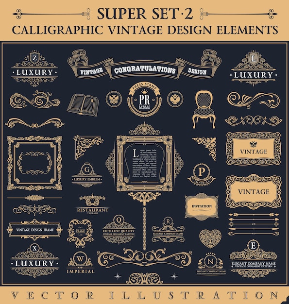 ベクトル 書道のヴィンテージ要素とフレームバロックデザインセット