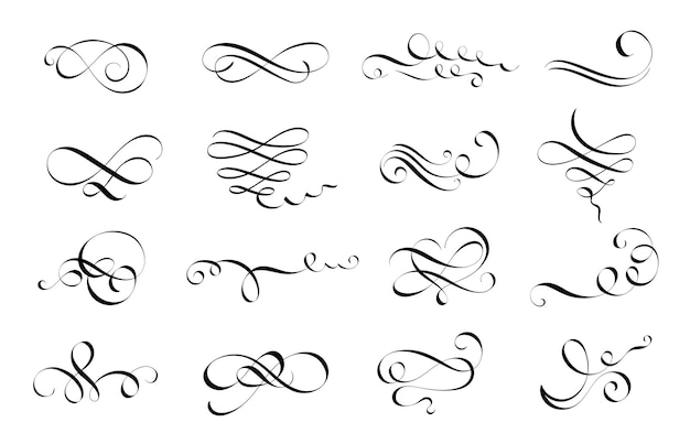 Calligrafia fiorita lettera swirl penna a punta ornamenti per lettere e set di vettori di linee calligrafiche