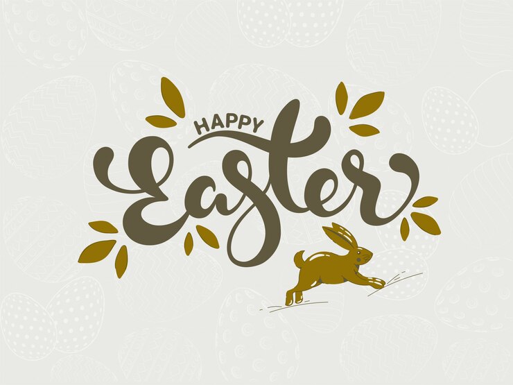Calligraphy Happy Easter Text with Running Rabbit in Olive Green Color on White