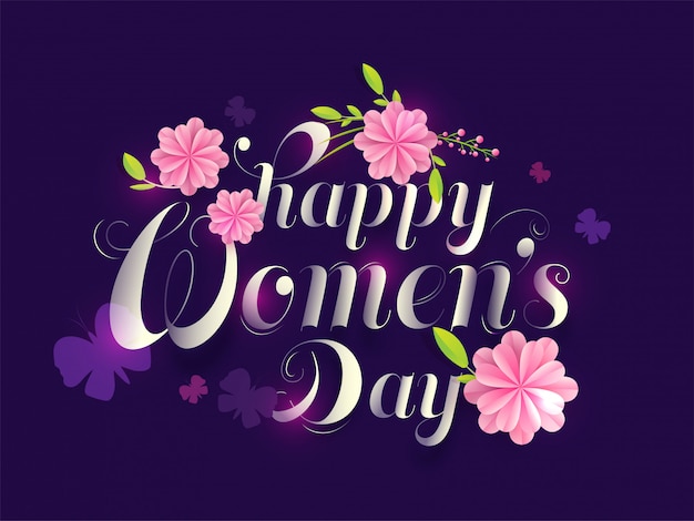 Calligraphy Happy Women's Day Text Decorated with Pink Paper Cut Flowers and Butterflies on Purple Background.