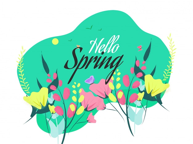 Calligraphy of hello spring with beautiful flowers