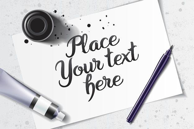 Vector calligraphy mockup with brush pen and black ink bottle on the space of white sheet of paper and grunge table