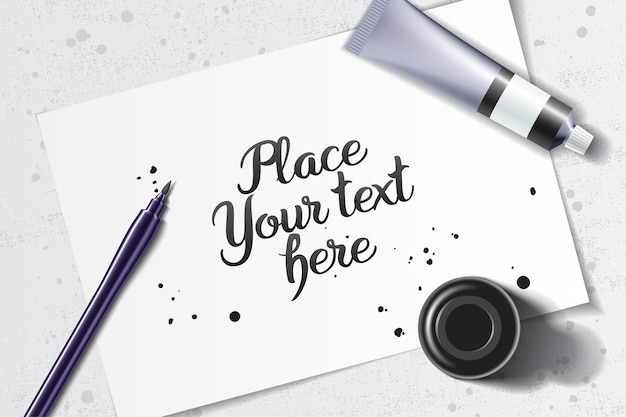 Vector calligraphy mockup with brush pen and black ink bottle on the space of white sheet of paper and grunge table