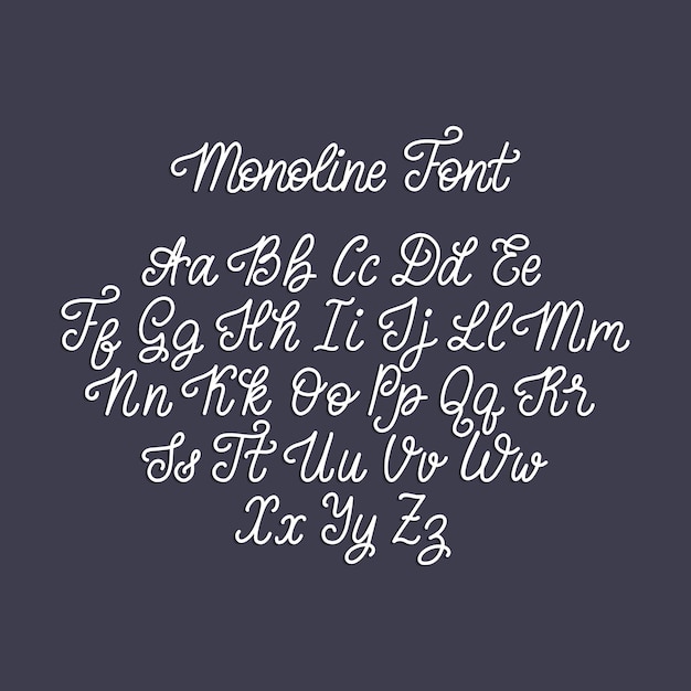 Calligraphy monoline font of Latin letters on dark background. Vector handwritten English alphabet.