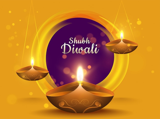 Calligrafia di shubh diwali nell'effetto bokeh viola circolare su sfondo giallo