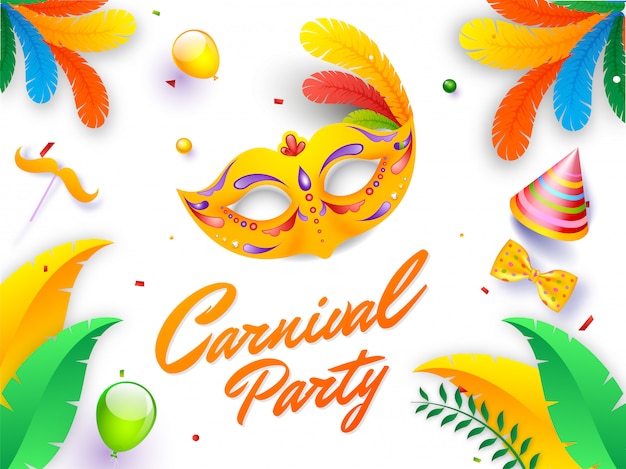 Calligrafia testo carnival party con maschera, cappello, farfallino, palloncini e baffi bastone su sfondo bianco.