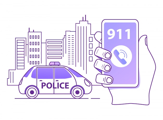 경찰 순찰차를 불러 개요 손은 스마트 폰을 보유하고 있습니다. 모바일 비상 응용 프로그램.