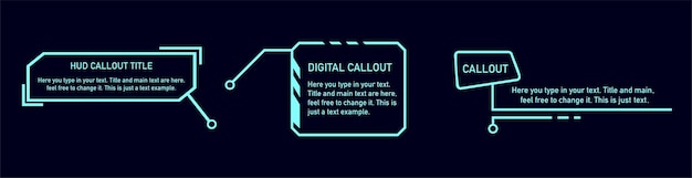 Callouts titles in HUD style. Box bars and modern digital info boxes templates.