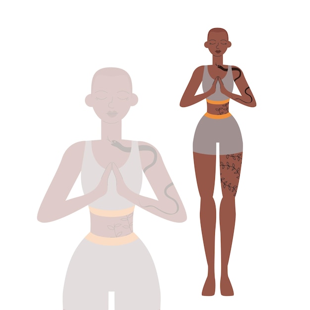 calm african american young woman meditating standing up beautiful bald girl doing yoga asana
