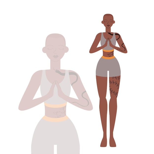 Calm African American young woman meditating standing up Beautiful bald girl doing yoga asana