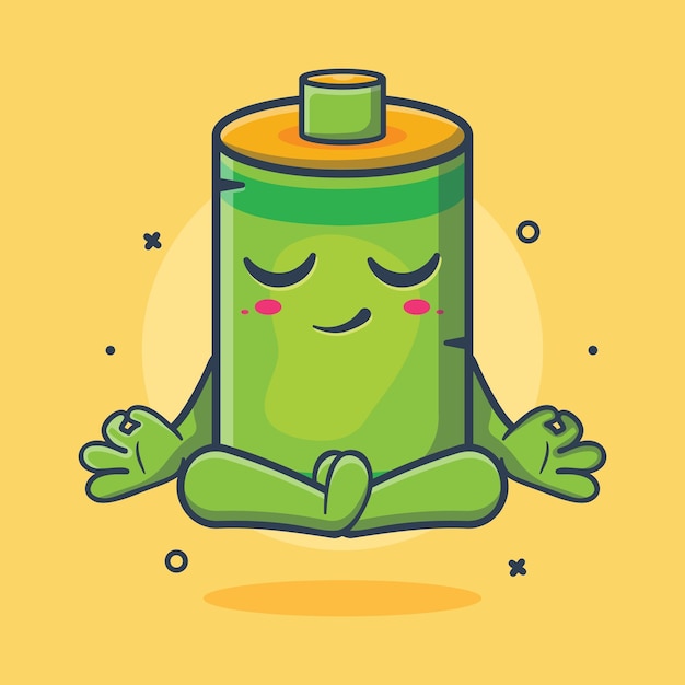 Mascotte del personaggio della batteria calma con cartone animato isolato posa di meditazione yoga nel design in stile piatto