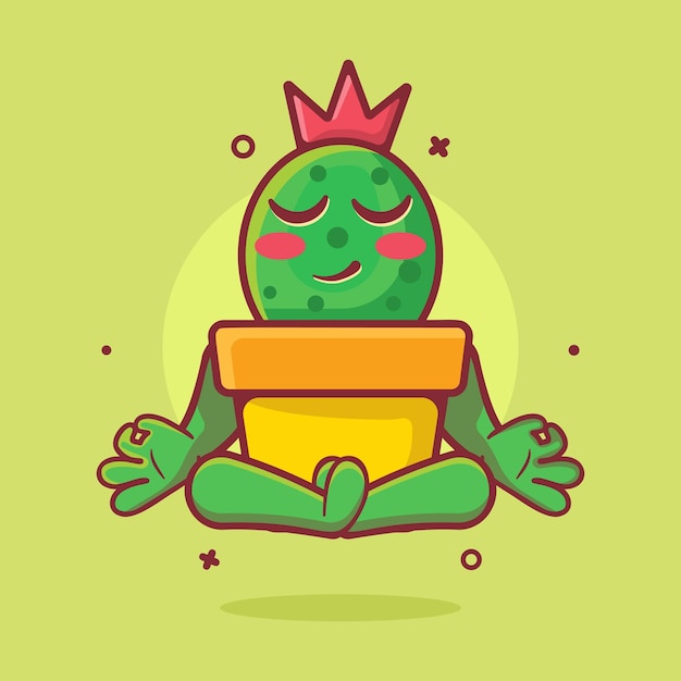 Cactus calmo sulla mascotte del personaggio del vaso con posa di meditazione yoga cartone animato isolato in stile piatto design