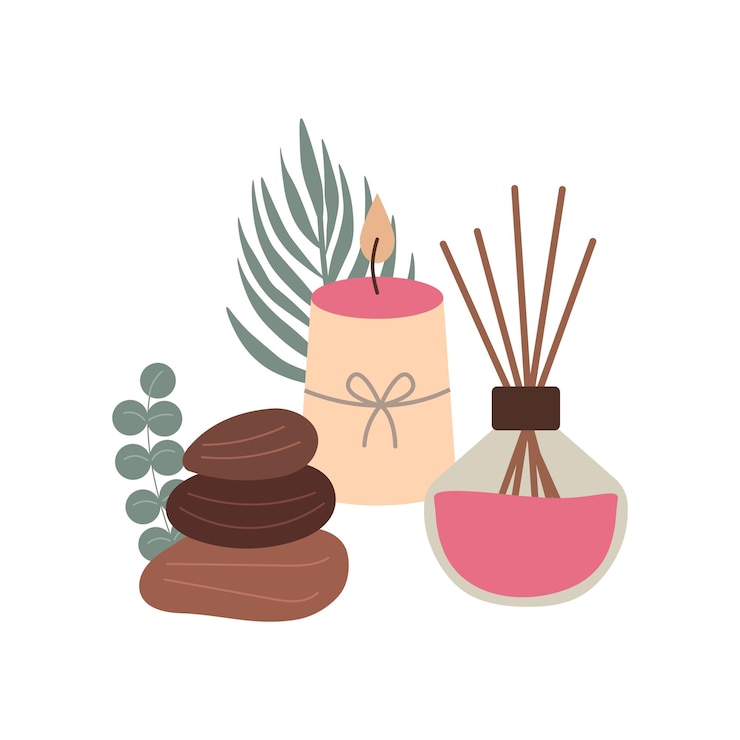 Vector calm composition featuring meditation essentials candle aroma diffuser massage stones tropical