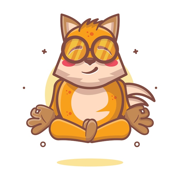 calm fox animal character mascot with yoga meditation pose isolated cartoon