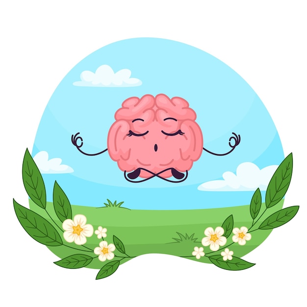 Vector calm funny brain meditation in harmony smart inner cartoon organ mental balance keep mind in focus health intelligence and psychology garish vector scene
