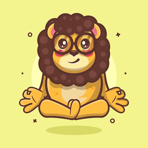 Calm lion animal character mascot with yoga meditation pose isolated cartoon in flat style design