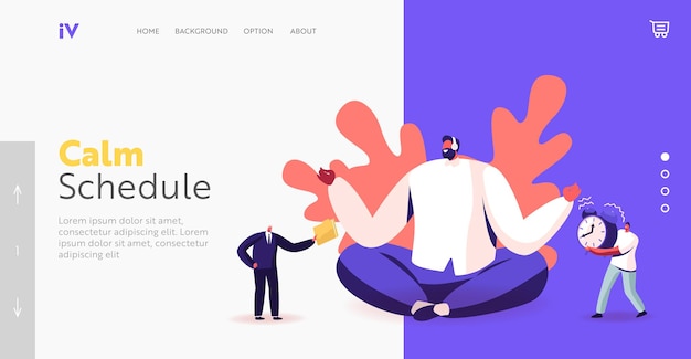 Vector calm male character office worker meditating at workplace landing page template. relaxed businessman in lotus position doing yoga in messy office ignoring problems. cartoon people vector illustration