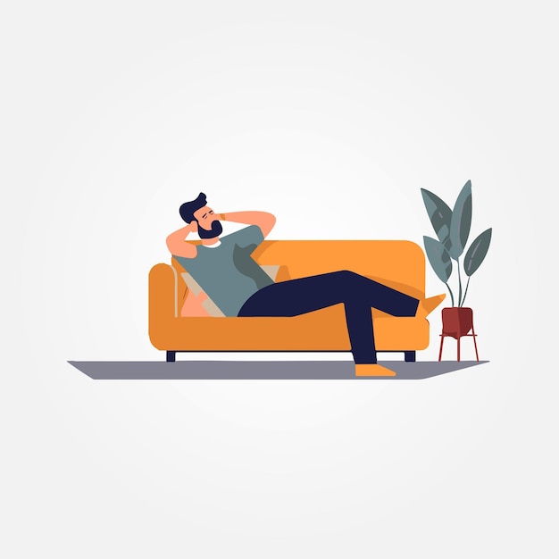 calm man resting lying on sofa vector illustration