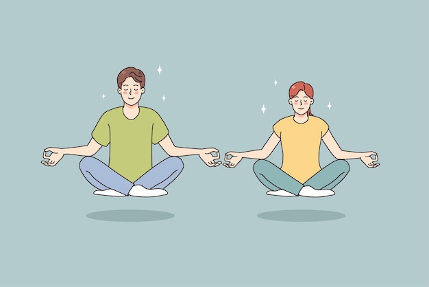 Calm man and woman meditate in lotus position