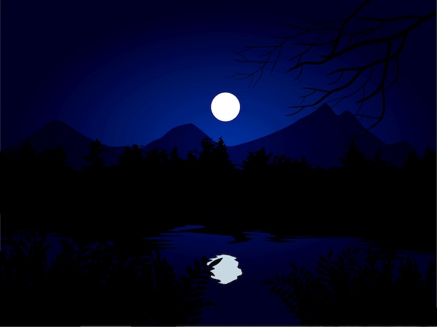 Vector calm night at forest with full moon