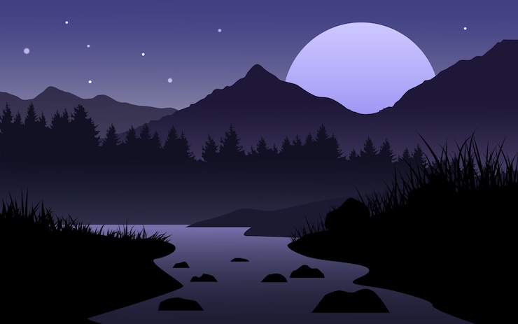 Vector calm night landscape with river and forest