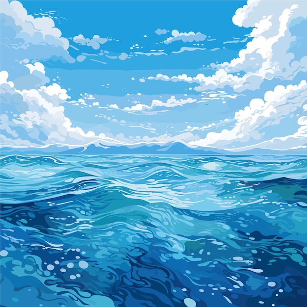 Superficie calma del mare o dell'oceano con piccole onde e illustrazione vettoriale del cielo blu