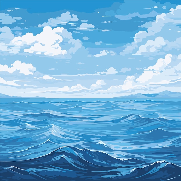 Vettore superficie calma del mare o dell'oceano con piccole onde e illustrazione vettoriale del cielo blu