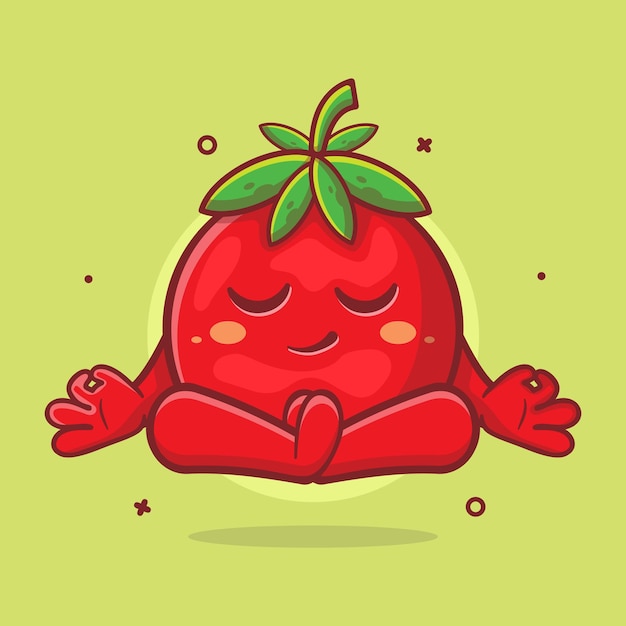 Mascotte di carattere frutta pomodoro calmo con posa di meditazione yoga cartone animato isolato in stile piatto design