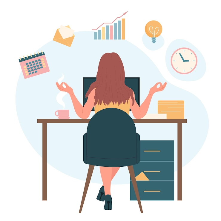 Vector calm yoga pose of female manager at work multitasking woman sitting at office computer
