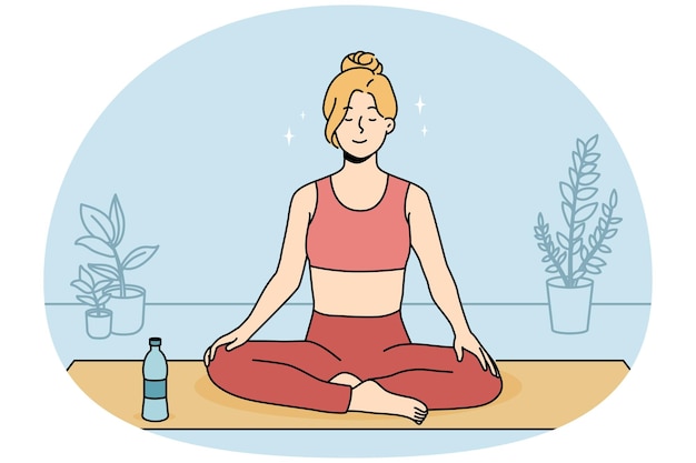 Calm young woman in sportswear sitting on mat practicing yoga at home Smiling relaxed girl meditating indoors Meditation and stress relief Vector illustration