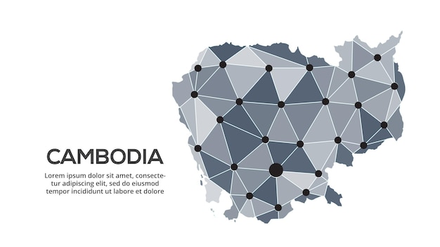 Cambodia communication network map Vector image of a low poly global map with city lights Map in the form of triangles and dots